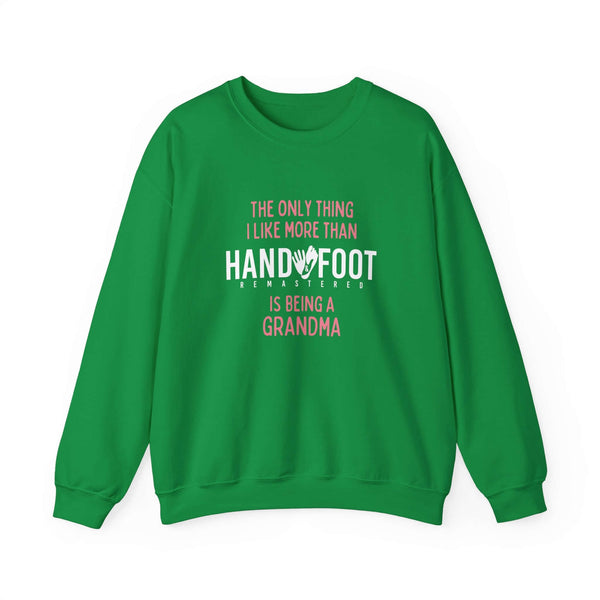 Green 'Being a Grandma' unisex crewneck sweatshirt with playful text, perfect cozy gift for grandmothers.