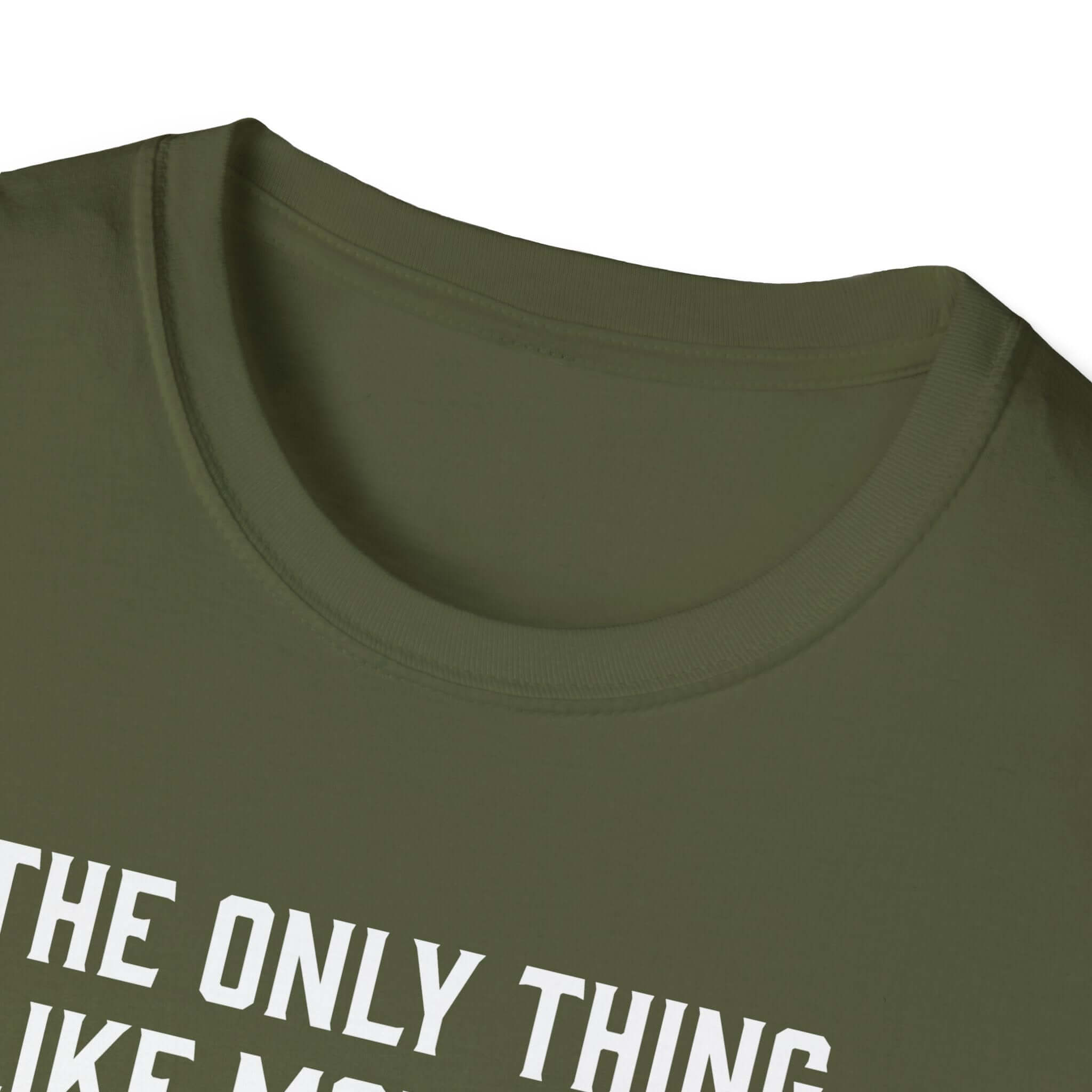 Close-up of a soft-style olive green t-shirt collar with a printed quote, perfect for Father's Day gifts.
