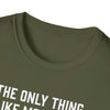 Close-up of a soft-style olive green t-shirt collar with a printed quote, perfect for Father's Day gifts.