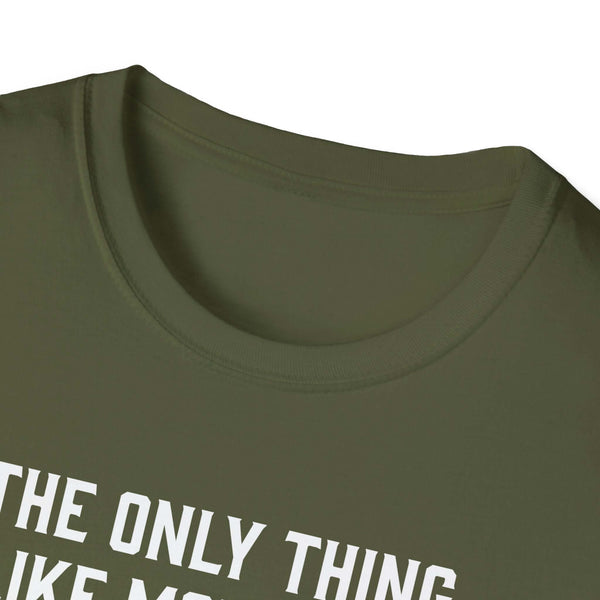 Close-up of a soft-style olive green t-shirt collar with a printed quote, perfect for Father's Day gifts.