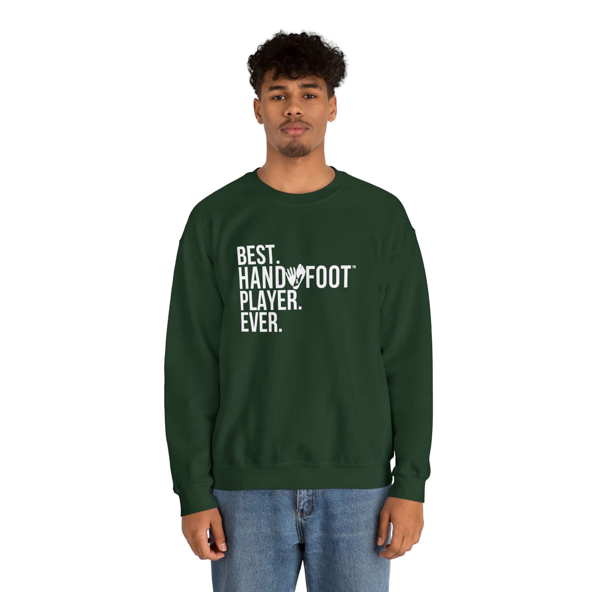 Model wearing green Best Player Ever unisex crewneck sweatshirt, showcasing comfort and sustainable fashion.