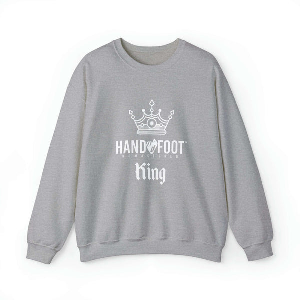Gray unisex crewneck sweatshirt with Hand & Foot King logo, showcasing comfort and sustainability.