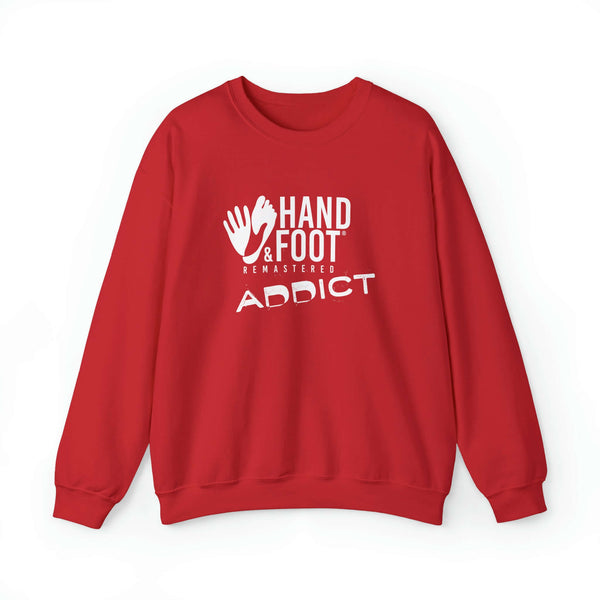 Red Hand & Foot Addict unisex crewneck sweatshirt, cozy Gildan heavy blend, perfect for comfort and sustainability lovers.