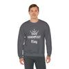 Model wearing Hand & Foot King Unisex Heavy Blend Crewneck Sweatshirt, dark grey with white crown logo, casual fashion for comfort and style.