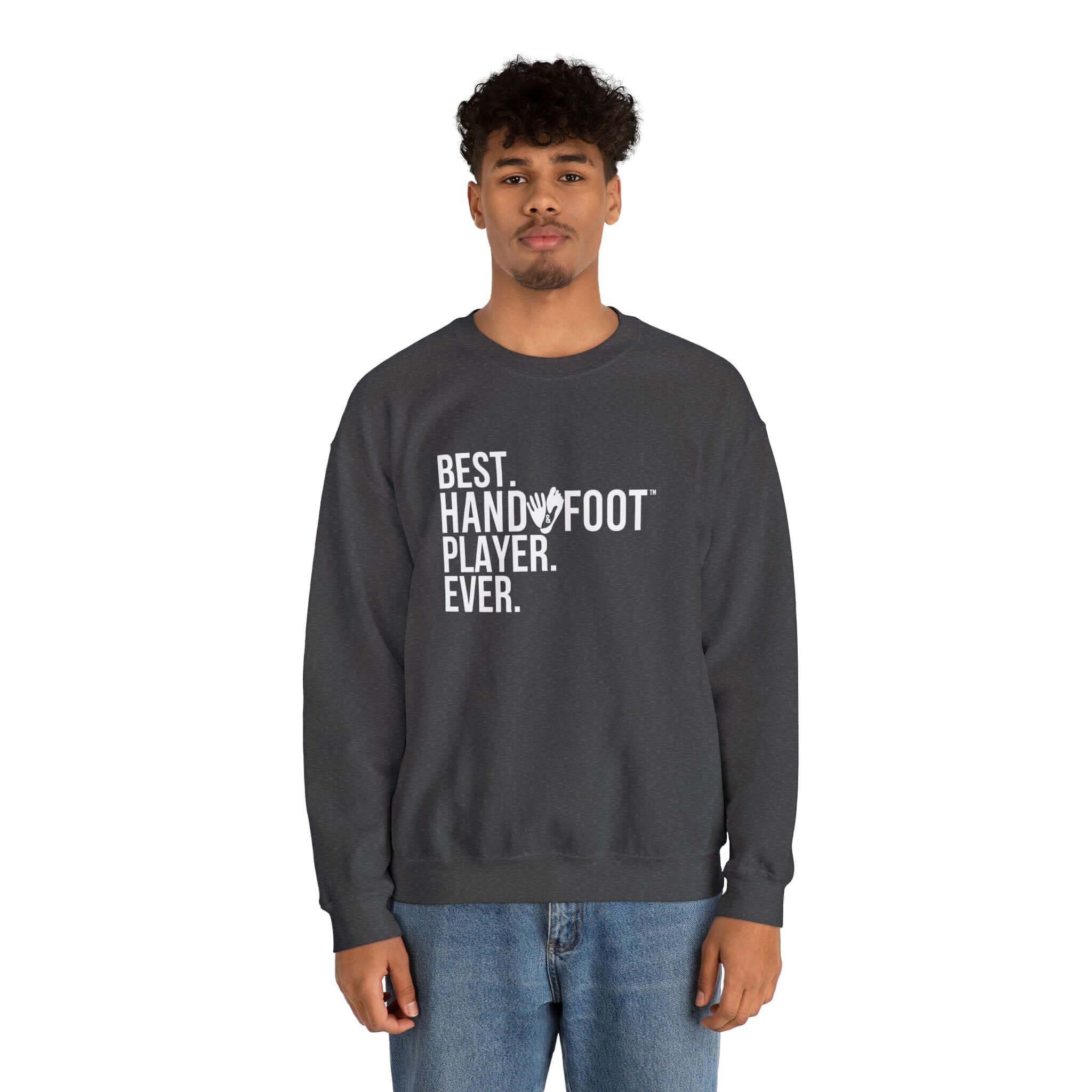 Man wearing Best Hand Foot Player Ever unisex heavy blend crewneck sweatshirt, showcasing comfort and sustainability in fashion