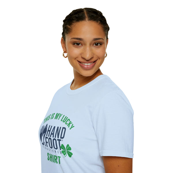 Woman smiling and wearing a Lucky Softstyle T-Shirt with Hand Foot design, made from 100% ring-spun cotton for ultimate comfort.