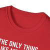 Close-up of a red softstyle t-shirt collar featuring a bold text design for Father's Day gifts.