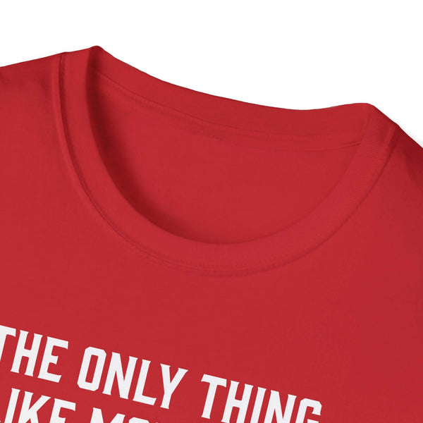 Close-up of a red softstyle t-shirt collar featuring a bold text design for Father's Day gifts.