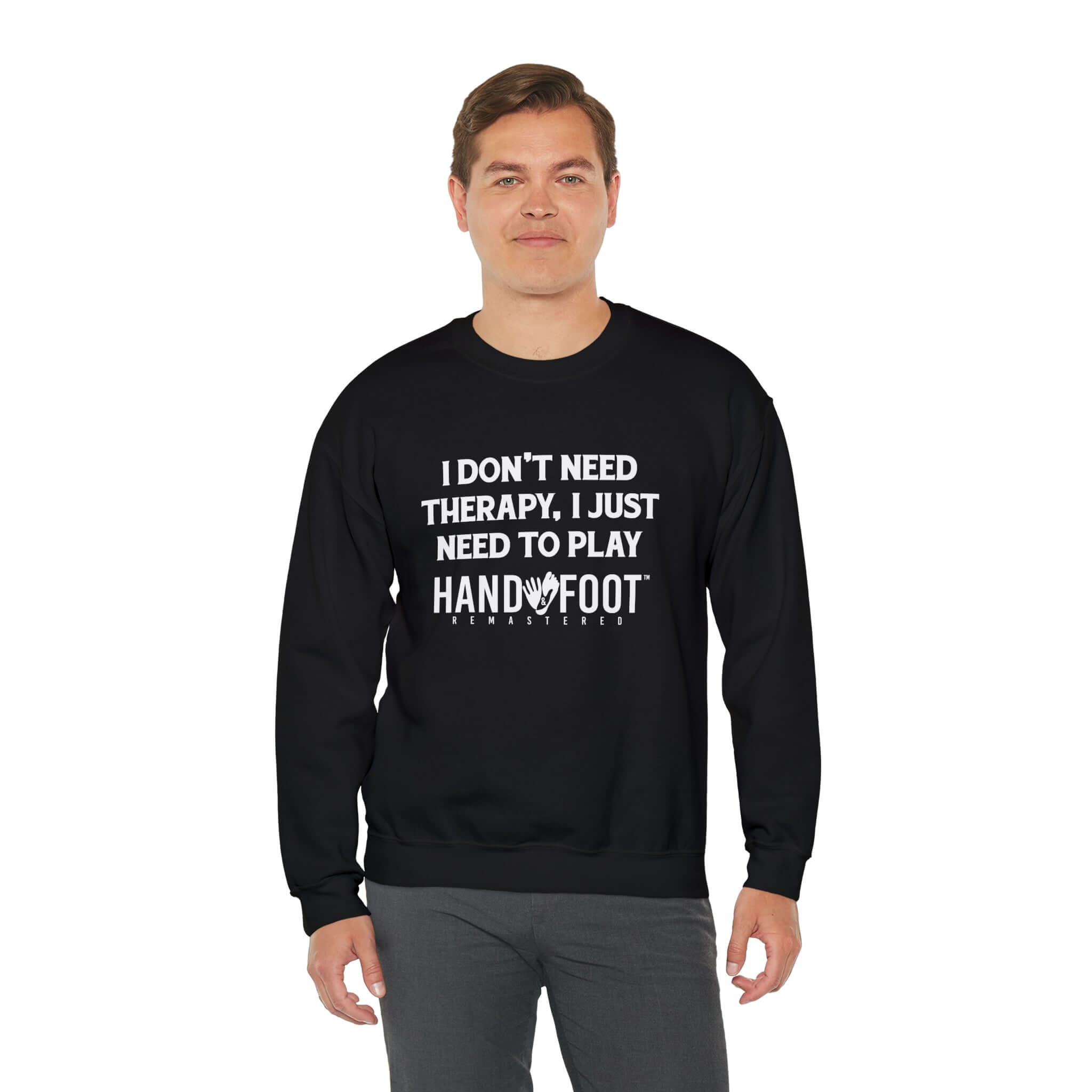 Man wearing Therapy Unisex Heavy Blend Crewneck Sweatshirt with funny Hand & Foot print