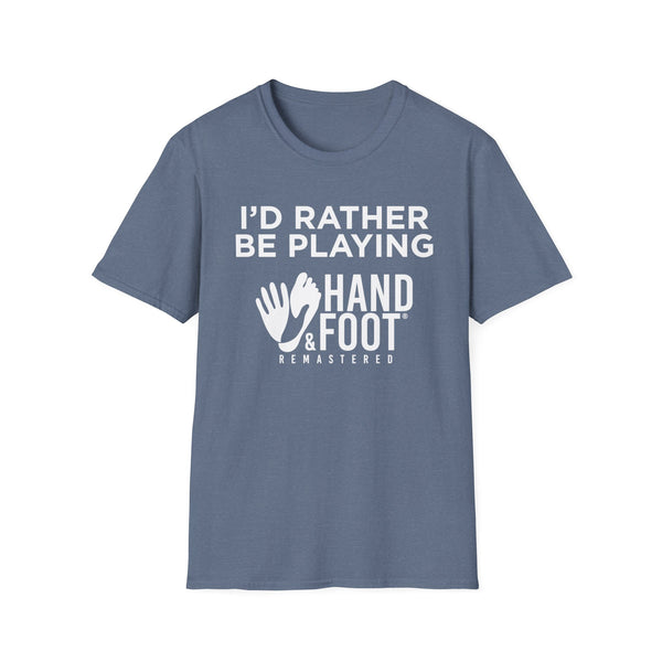 I'd Rather Be Playing Hand & Foot Softstyle T-Shirt in blue, unisex, 100% ring-spun cotton, comfortable and stylish design.