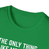 Close-up of the green unisex softstyle t-shirt with a round neckline, featuring printed text for dads.