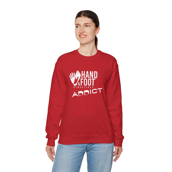 Unisex Hand & Foot Addict red crewneck sweatshirt for cozy and sustainable fashion.