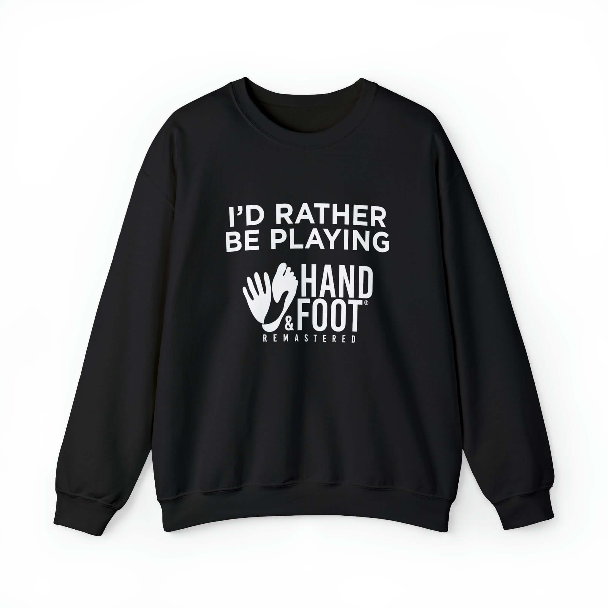 Black 'I'd Rather Be Playing' unisex crewneck sweatshirt with bold white text, perfect blend of comfort and warmth, eco-friendly fashion.