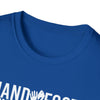 Close-up of a blue softstyle t-shirt with printed white text, showcasing its crew neckline and comfortable cotton fabric.