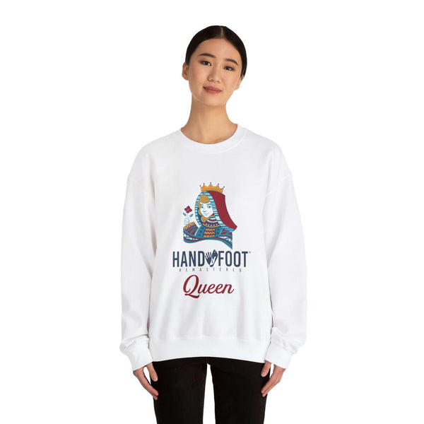 Woman wearing Hand & Foot Queen Unisex Heavy Blend Crewneck Sweatshirt, featuring playing card graphic, ideal for comfort and style.
