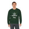 Hand & Foot King unisex crewneck sweatshirt in green, modeled by a person, featuring crown graphic and text, perfect for cozy warmth.