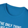 Close-up of a blue soft-style t-shirt collar featuring a humorous quote for dads.