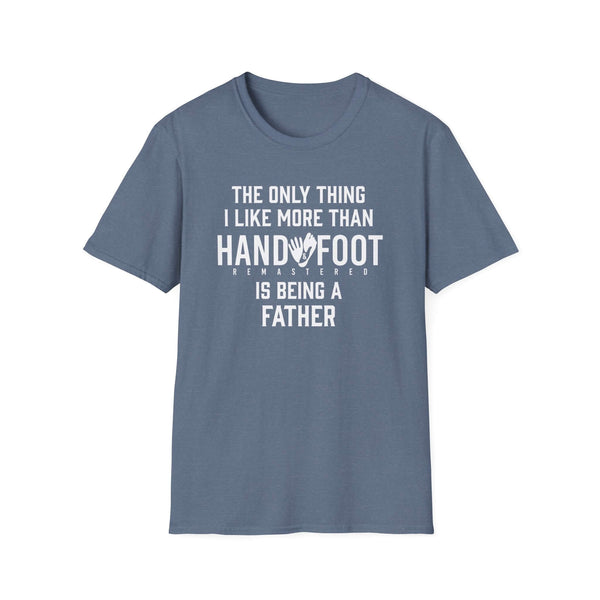 Being a Father softstyle t-shirt in blue with playful text design, perfect gift for dads.