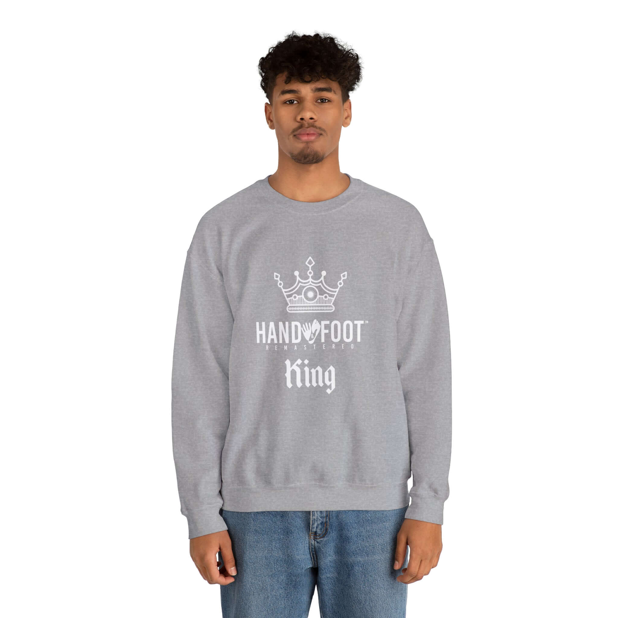 Unisex gray crewneck sweatshirt with 'Hand & Foot King' print, worn by model. Comfortable, stylish, and sustainably made.