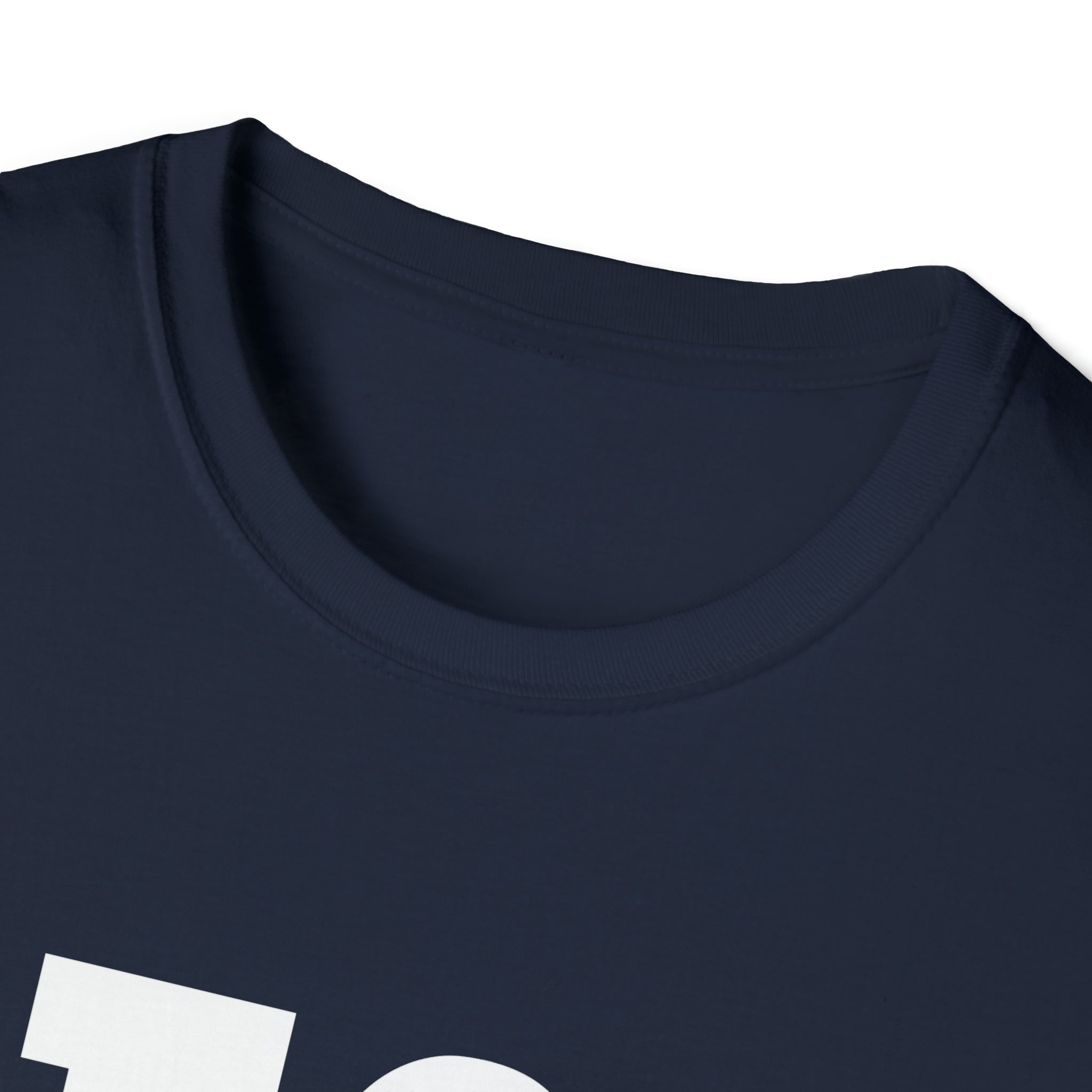 Close-up of navy blue Gildan softstyle t-shirt neckline, showcasing high-quality ring-spun cotton fabric for comfort and durability.