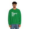 Model wearing green unisex crewneck sweatshirt with 'Best Hand Foot Player Ever' printed on front, showcasing sustainable and cozy fashion.