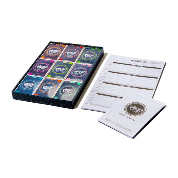 Hand & Foot Remastered game set with cards, score sheet, and instructions, perfect for group play.