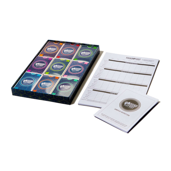 Scratch & Dent Hand & Foot Remastered Game Set with cards, score pad, and instructions in an open box.