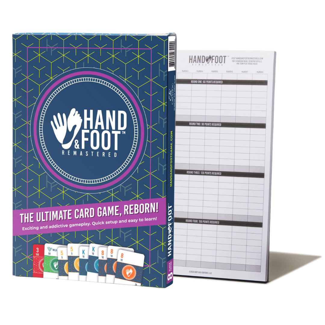 Hand & Foot Remastered game set box with score pad, showcasing colorful cards and fun, inviting design.