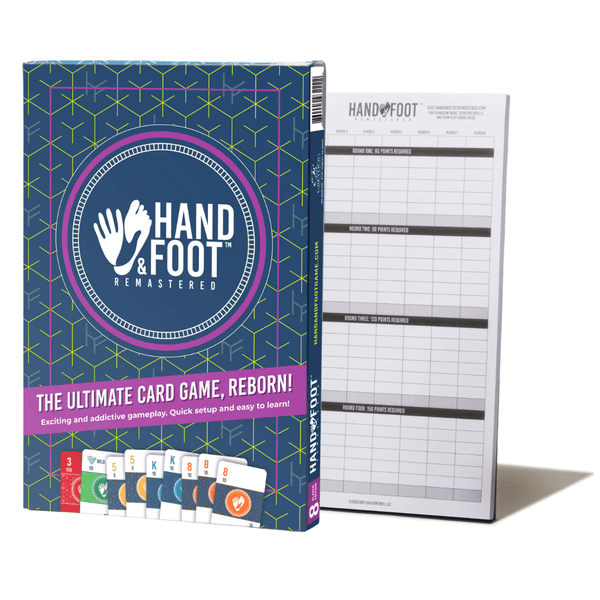 Hand & Foot Remastered game set box with score pad, showcasing colorful cards and fun, inviting design.
