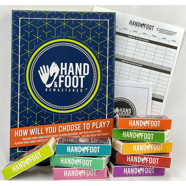 Scratch & Dent Hand & Foot Remastered Game Set including cards, score pad, and packaging with minor damage.