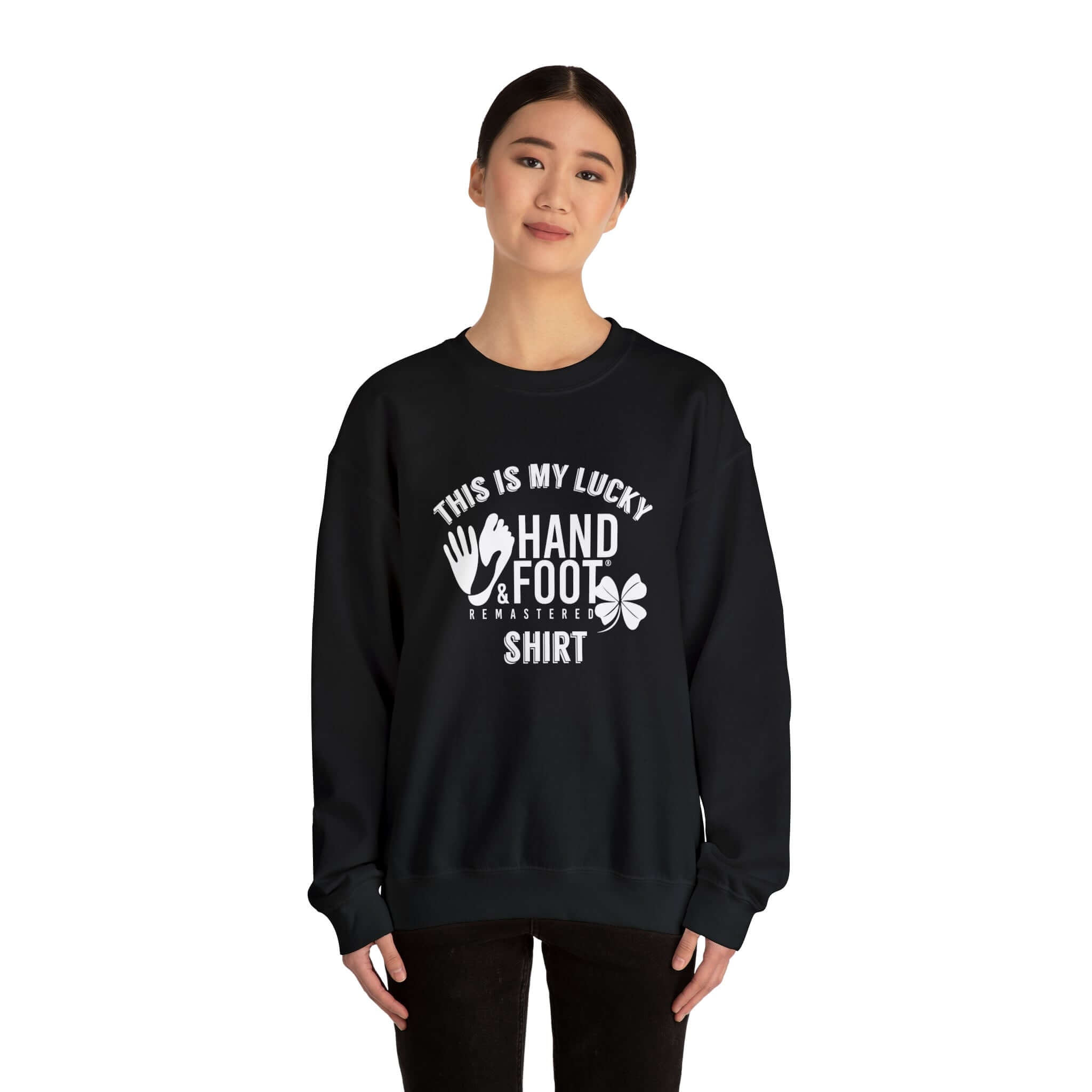 Model wearing Lucky Unisex Heavy Blend Crewneck Sweatshirt with