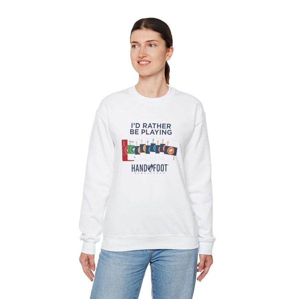 Woman wearing 'I'd Rather Be Playing' unisex crewneck sweatshirt with graphic design