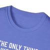Close-up of a blue softstyle t-shirt collar with bold text design, showcasing comfort and quality for dads.