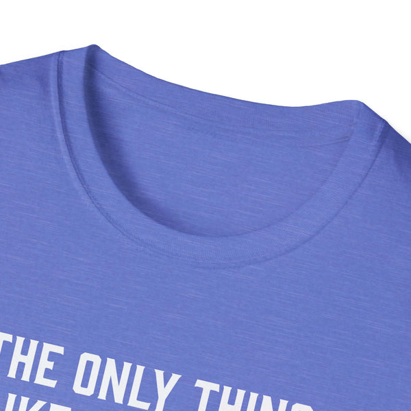 Close-up of a blue softstyle t-shirt collar with bold text design, showcasing comfort and quality for dads.