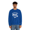 Person wearing a blue "Lucky Hand & Foot Crewneck Sweatshirt" with text design, blending comfort and style.