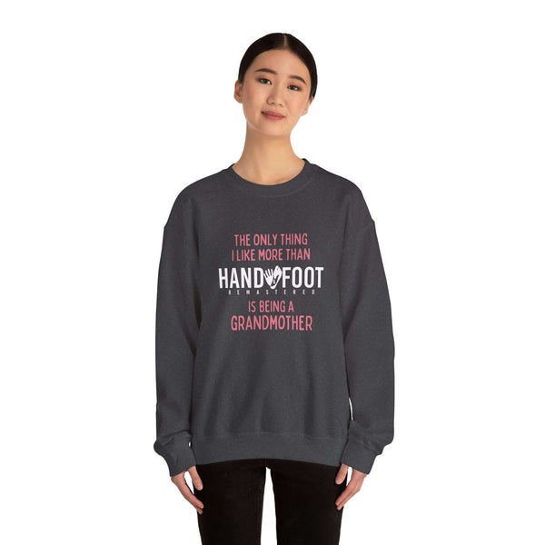 Person wearing 'Being a Grandmother' unisex crewneck sweatshirt, perfect cozy gift for grandmothers, with meaningful text design.
