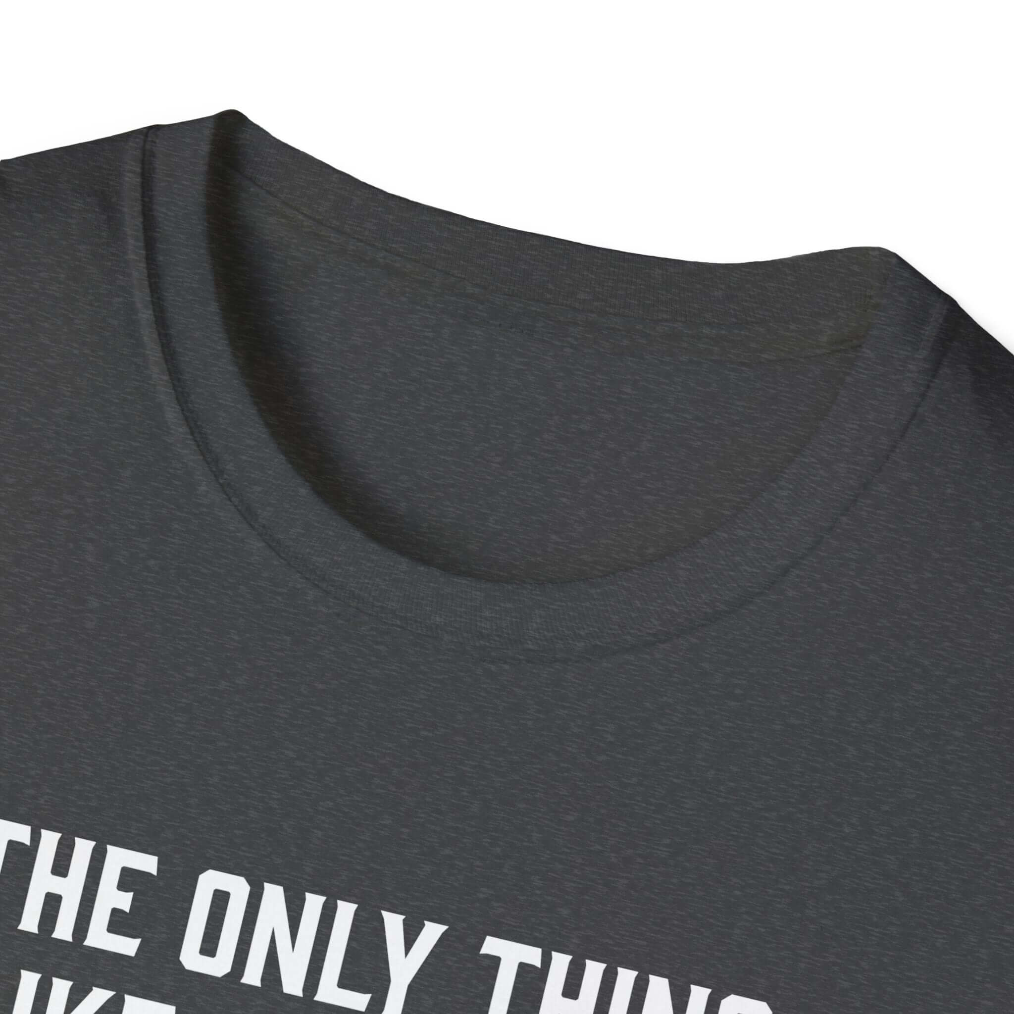 Close-up of the collar and neckline of a soft-style dad t-shirt in dark gray, showcasing comfortable fabric.