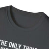 Close-up of the collar and neckline of a soft-style dad t-shirt in dark gray, showcasing comfortable fabric.
