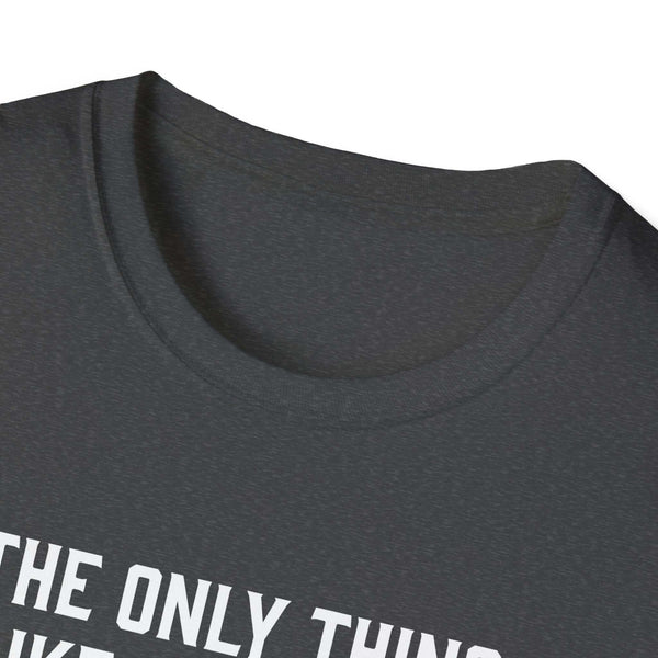 Close-up of the collar and neckline of a soft-style dad t-shirt in dark gray, showcasing comfortable fabric.