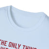 Close-up of the neckline of a 'Being a Grandpa' softstyle t-shirt in white with red text, made from 100% ring-spun cotton.