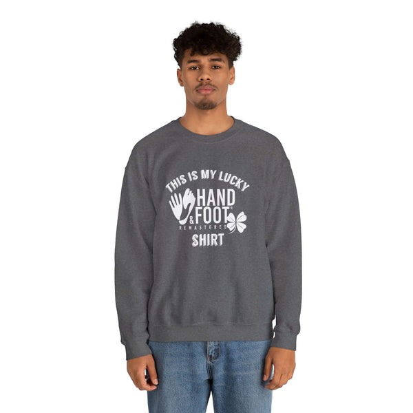 Model wearing Lucky Unisex Heavy Blend Crewneck Sweatshirt, charcoal gray, promoting comfort and sustainability with lucky theme design