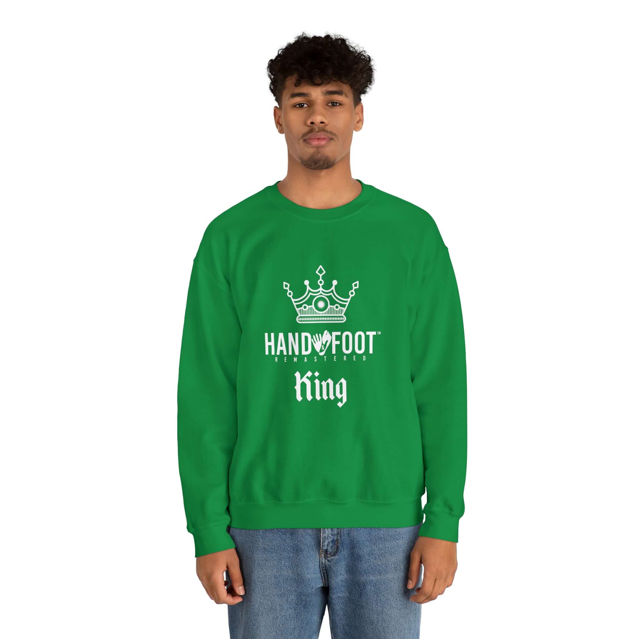 Hand & Foot King Unisex Heavy Blend Crewneck Sweatshirt in green, featuring a crown graphic, ideal for comfort and style.