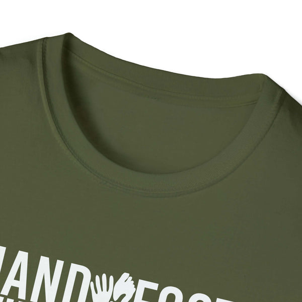 Green softstyle t-shirt with white text design highlighting neckline and fabric texture.