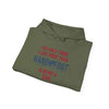 Hooded sweatshirt with "The only thing I like more than hand-foot related is being a dad" slogan in red and blue on green fabric.