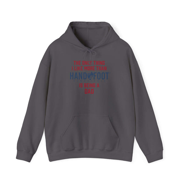Gray hooded sweatshirt with fun message about being a dad, featuring a kangaroo pouch pocket and adjustable drawstring hood.