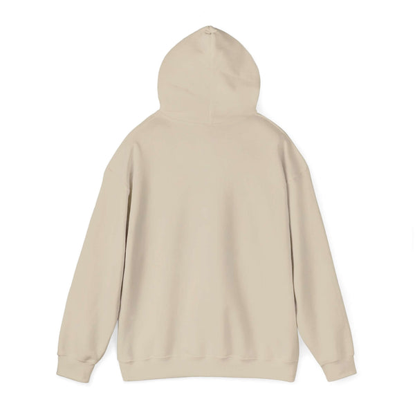Back view of beige "Being a Father" hooded sweatshirt showcasing simplicity and comfort with adjustable hood and warm fabric.