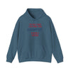 Blue 'Being a Father' hooded sweatshirt with humorous text, kangaroo pouch, and adjustable drawstring hood.