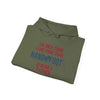 Olive green hoodie with red and blue text: 'The only thing I like more than Handy Foot is being a Father.' Adjustable drawstring hood.