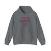 Gray Being a Father hooded sweatshirt with fun text design, kangaroo pouch pocket, and adjustable drawstring for cozy comfort.