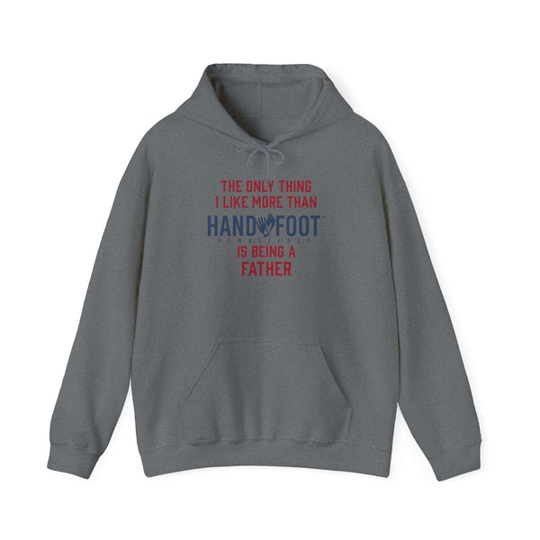 Gray Being a Father hooded sweatshirt with fun text design, kangaroo pouch pocket, and adjustable drawstring for cozy comfort.
